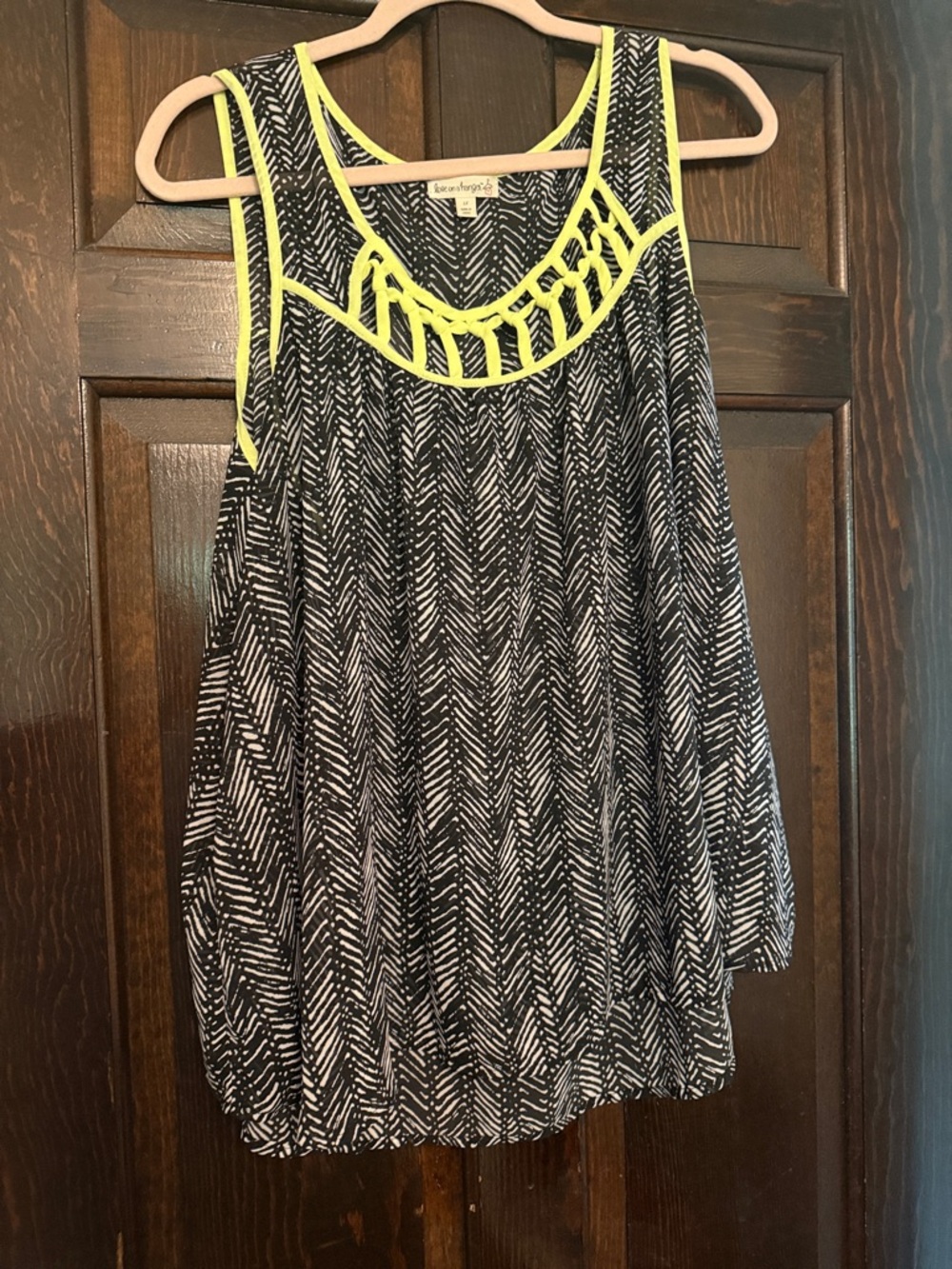 love on a hanger Black & White Printed Tank with Neon Yellow Trim